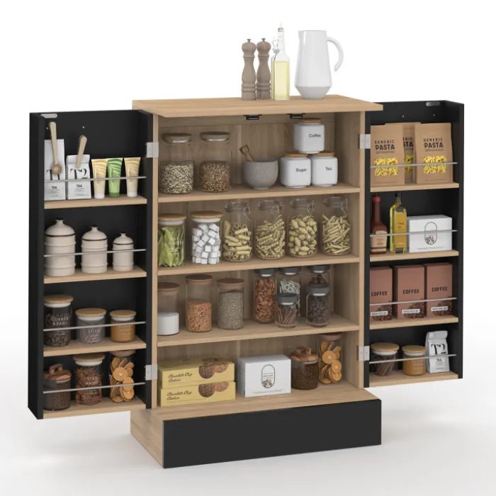 Buffet bas de cuisine H.90 cm avec rangements noir et bois