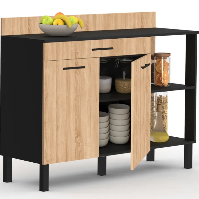 Buffet bas de cuisine noir 120 cm 2 portes + tiroir bois façon hêtre