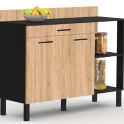 Buffet bas de cuisine noir 120 cm 2 portes + tiroir bois façon hêtre