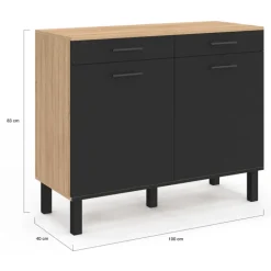 Buffet bas hêtre et noir avec espace poubelle