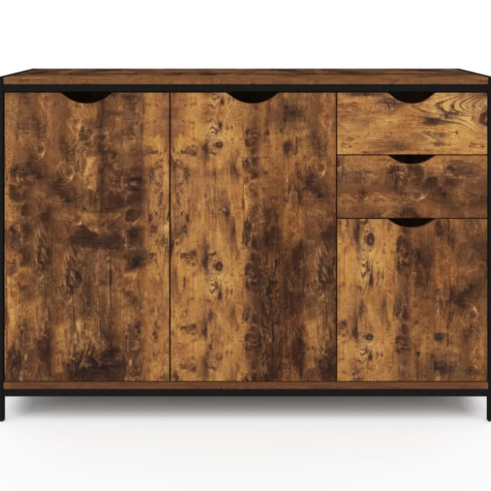 Buffet bas industriel 110 cm avec placards et tiroirs