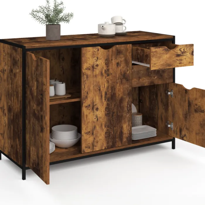 Buffet bas industriel 110 cm avec placards et tiroirs