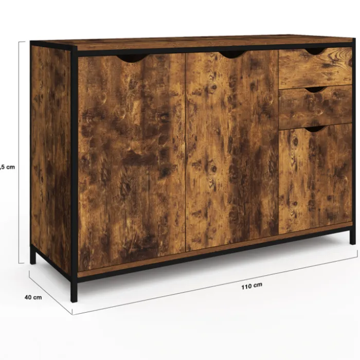 Buffet bas industriel 110 cm avec placards et tiroirs