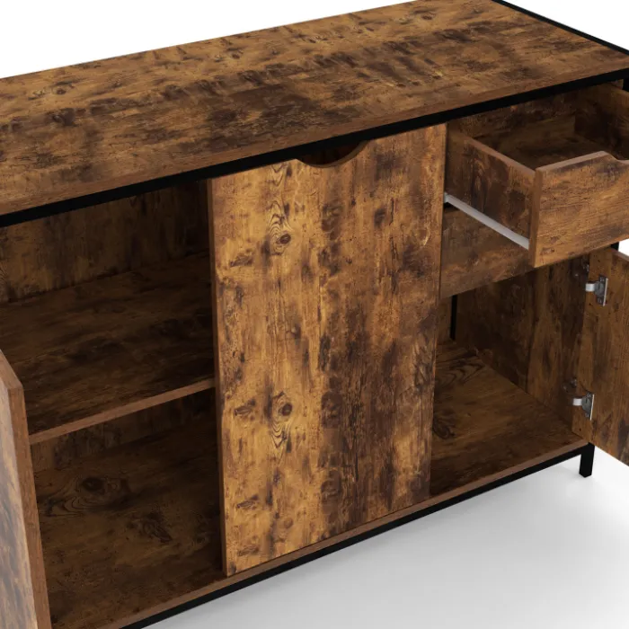 Buffet bas industriel 110 cm avec placards et tiroirs