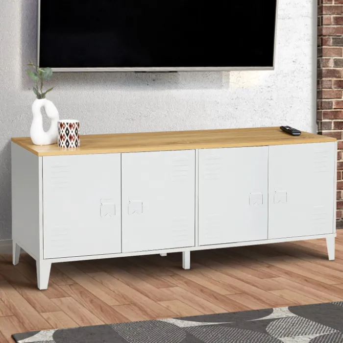 Buffet bas industriel 4 portes métal blanc et plateau bois
