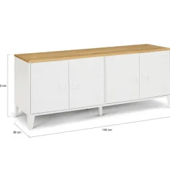 Buffet bas industriel 4 portes métal blanc et plateau bois
