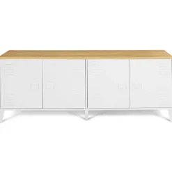 Buffet bas industriel 4 portes métal blanc et plateau bois
