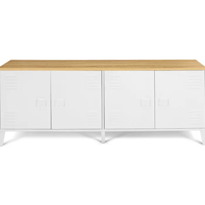 Buffet bas industriel 4 portes métal blanc et plateau bois