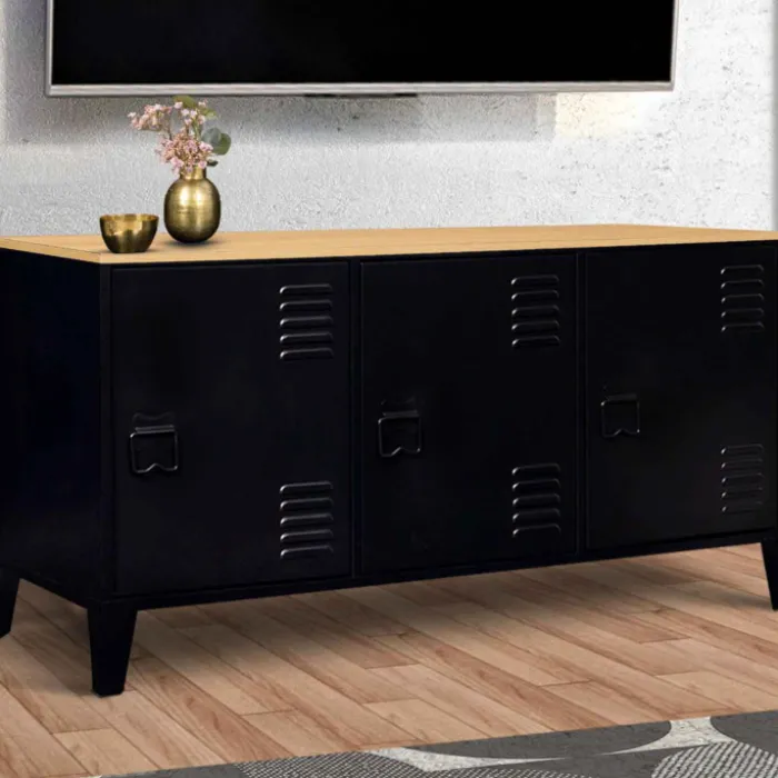 Buffet bas métal noir avec plateau bois