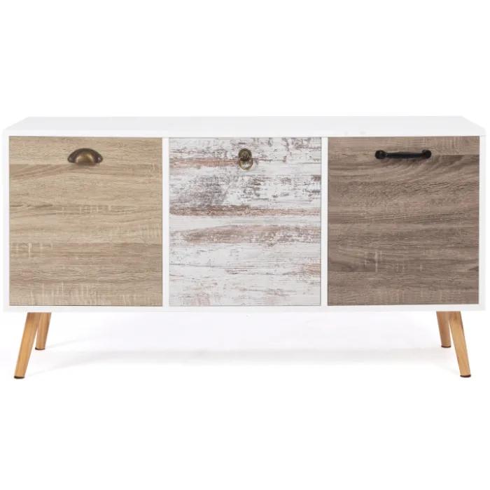Buffet bas scandinave 3 portes blanc effet vieilli