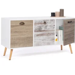 Buffet bas scandinave 3 portes blanc effet vieilli