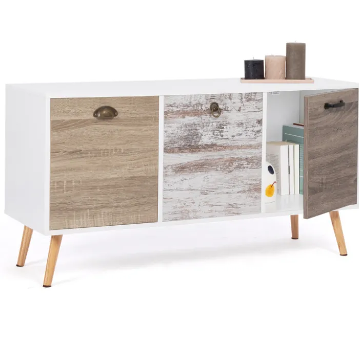 Buffet bas scandinave 3 portes blanc effet vieilli