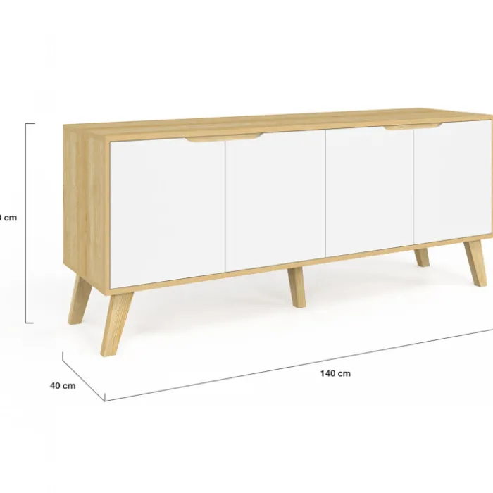 Buffet bas scandinave bois avec 4 portes blanches