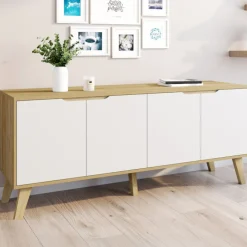 Buffet bas scandinave bois avec 4 portes blanches