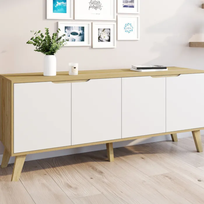 Buffet bas scandinave bois avec 4 portes blanches
