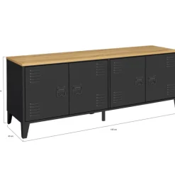 Buffet bas style industriel 4 portes métal noir et plateau bois 140 cm