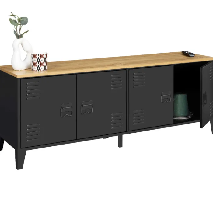 Buffet bas style industriel 4 portes métal noir et plateau bois 140 cm