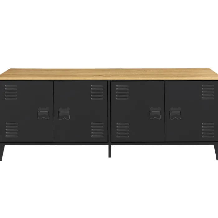 Buffet bas style industriel 4 portes métal noir et plateau bois 140 cm