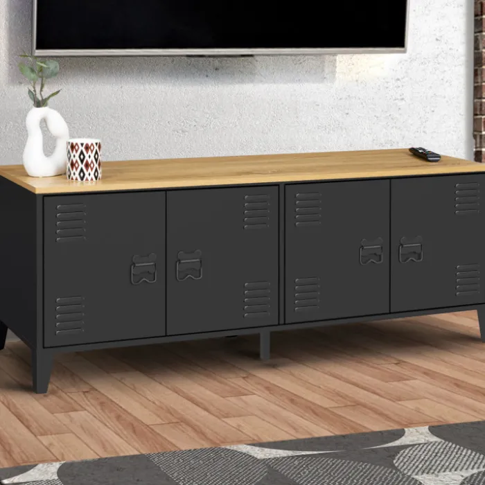 Buffet bas style industriel 4 portes métal noir et plateau bois 140 cm