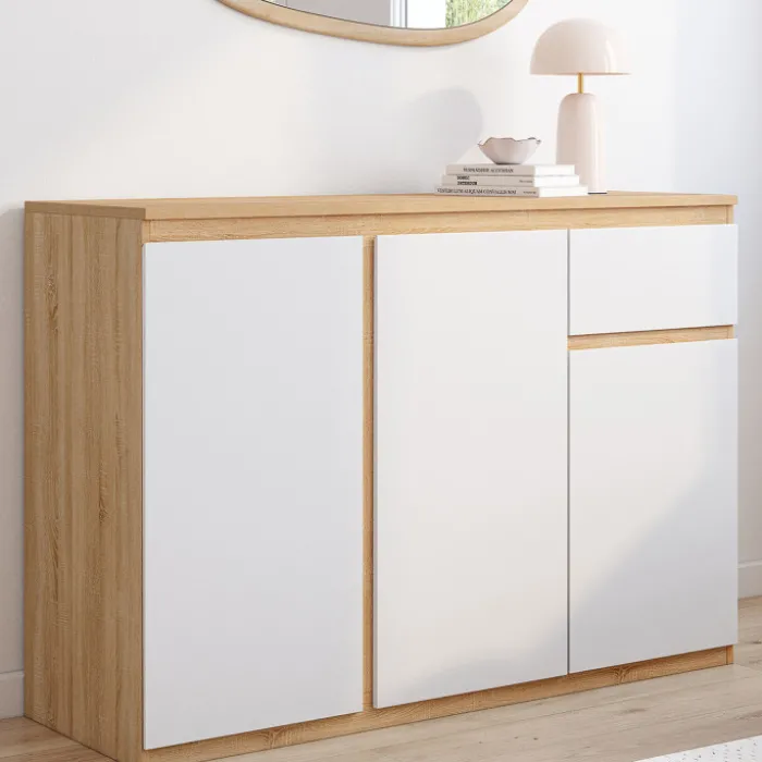 Buffet blanc et bois 100 cm 3 portes et 1 tiroir