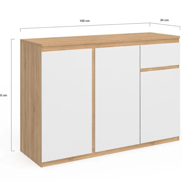 Buffet blanc et bois 100 cm 3 portes et 1 tiroir