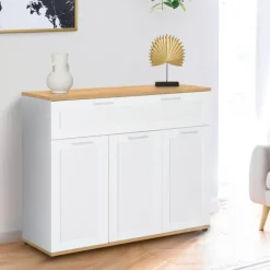 Buffet blanc et bois 3 portes et 1 tiroir