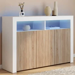 Buffet blanc et bois 3 portes avec LED