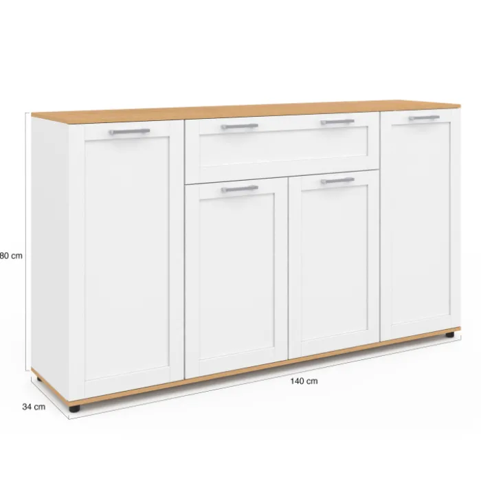 Buffet blanc et bois 4 portes 1 tiroir