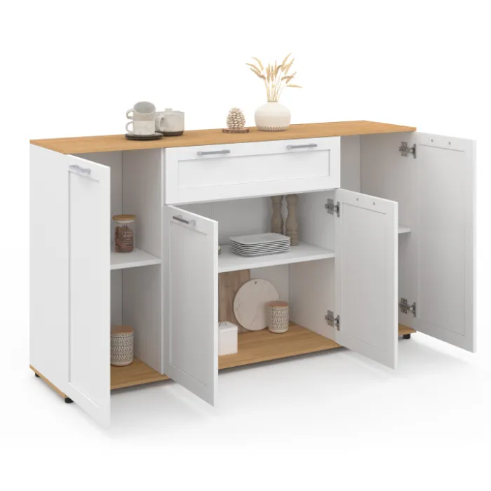 Buffet blanc et bois 4 portes 1 tiroir