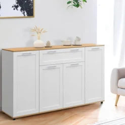 Buffet blanc et bois 4 portes 1 tiroir