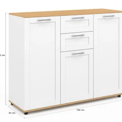 Buffet blanc et plateau bois 100 cm avec 3 portes et 2 tiroirs
