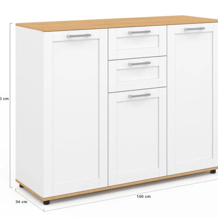 Buffet blanc et plateau bois 100 cm avec 3 portes et 2 tiroirs