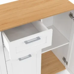 Buffet blanc et plateau bois 100 cm avec 3 portes et 2 tiroirs
