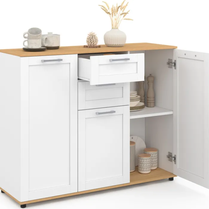 Buffet blanc et plateau bois 100 cm avec 3 portes et 2 tiroirs