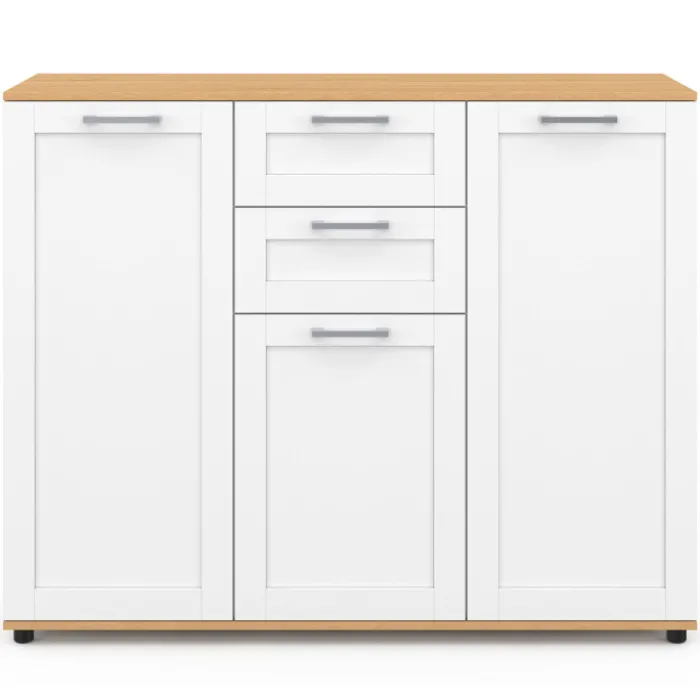 Buffet blanc et plateau bois 100 cm avec 3 portes et 2 tiroirs