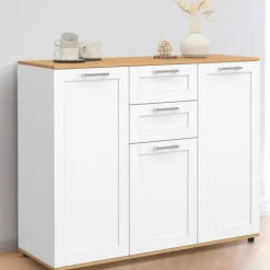 Buffet blanc et plateau bois 100 cm avec 3 portes et 2 tiroirs