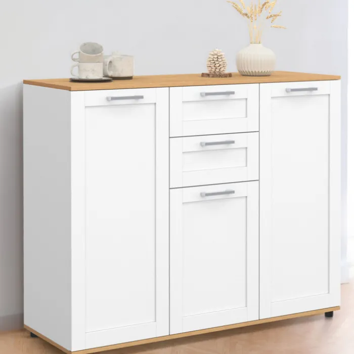 Buffet blanc et plateau bois 100 cm avec 3 portes et 2 tiroirs