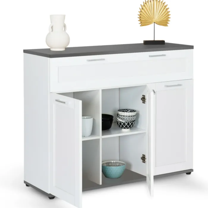 Buffet blanc et plateau gris 100 cm avec 3 portes et 1 tiroir