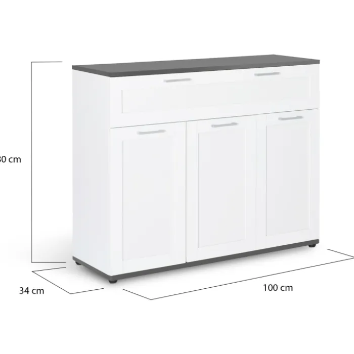 Buffet blanc et plateau gris 100 cm avec 3 portes et 1 tiroir