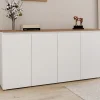 Buffet blanc moderne 160 cm 4 portes plateau bois