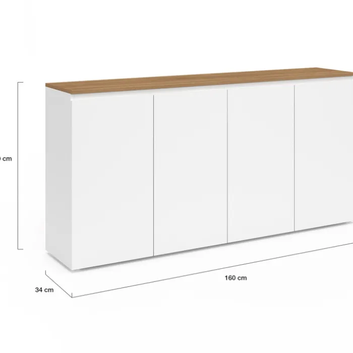 Buffet blanc moderne 160 cm 4 portes plateau bois