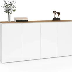 Buffet blanc moderne 160 cm 4 portes plateau bois