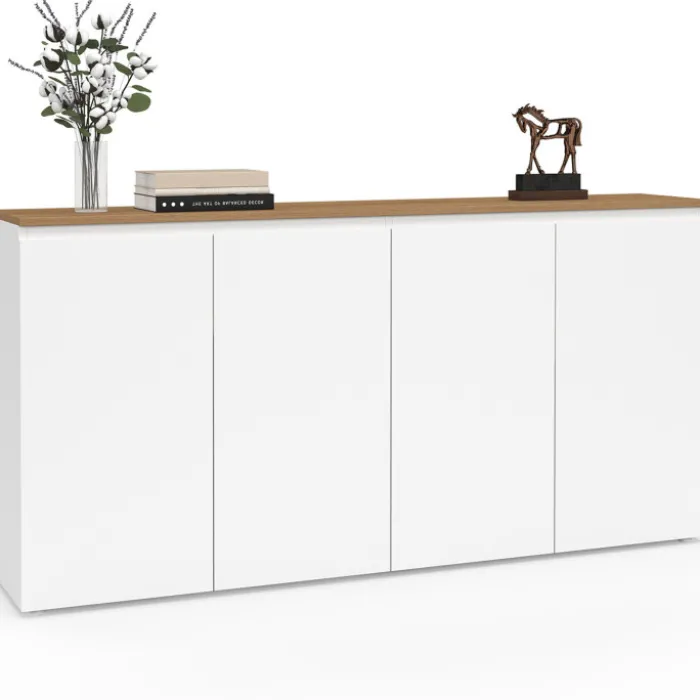 Buffet blanc moderne 160 cm 4 portes plateau bois