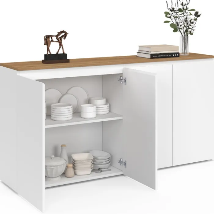 Buffet blanc moderne 160 cm 4 portes plateau bois