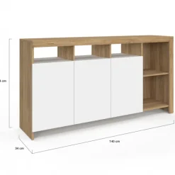 Buffet bois et blanc 140 cm 3 portes et 5 espaces de rangement