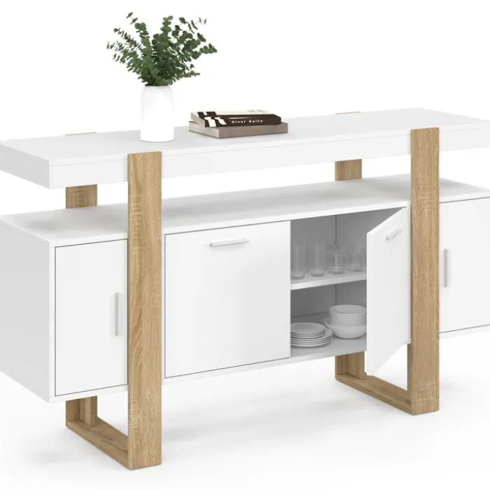 Buffet bois et blanc 140 cm avec 4 portes