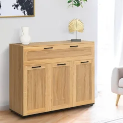 Buffet bois et poignées noires 100 cm avec 3 portes et 1 tiroir