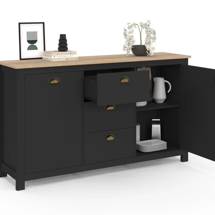 Buffet campagne 130 CM 2 portes 3 tirroirs bois et noir