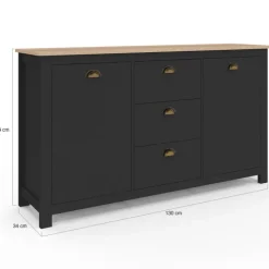 Buffet campagne 130 CM 2 portes 3 tirroirs bois et noir