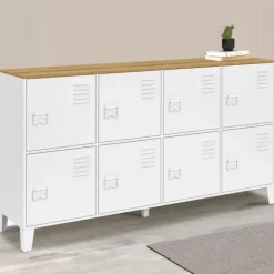 Buffet casier 139 cm 8 portes en métal blanc plateau bois design industriel